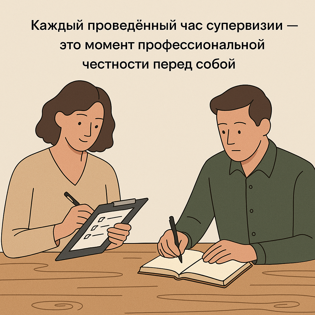 Психолог за рабочим столом ведёт учёт часов супервизии в ноутбуке, рядом чашка кофе и сертификаты.