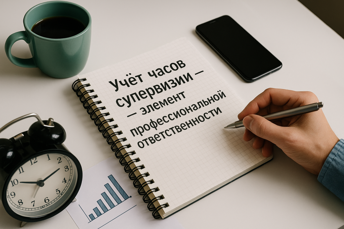 Психолог держит сертификат и график учёта часов супервизии, символизирующий профессиональный рост.