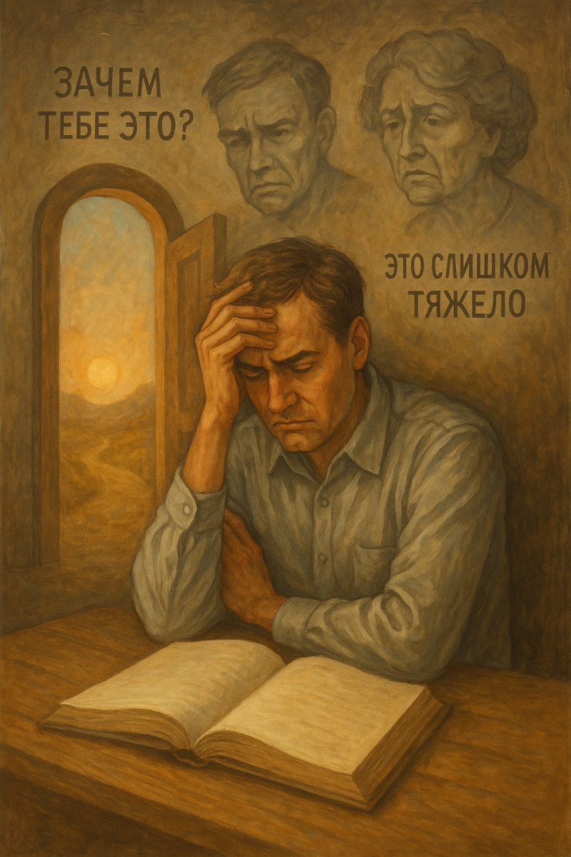 Молодой мужчина в раздумьях сидит за столом с книгой, вокруг — образы сомнений и открытая дверь к светлому пути.